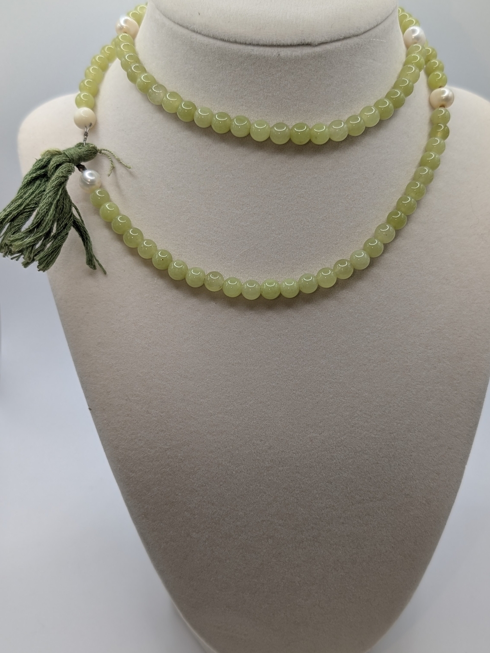 Buddhist Mala- Natural Green Stones with Pearl Accents
